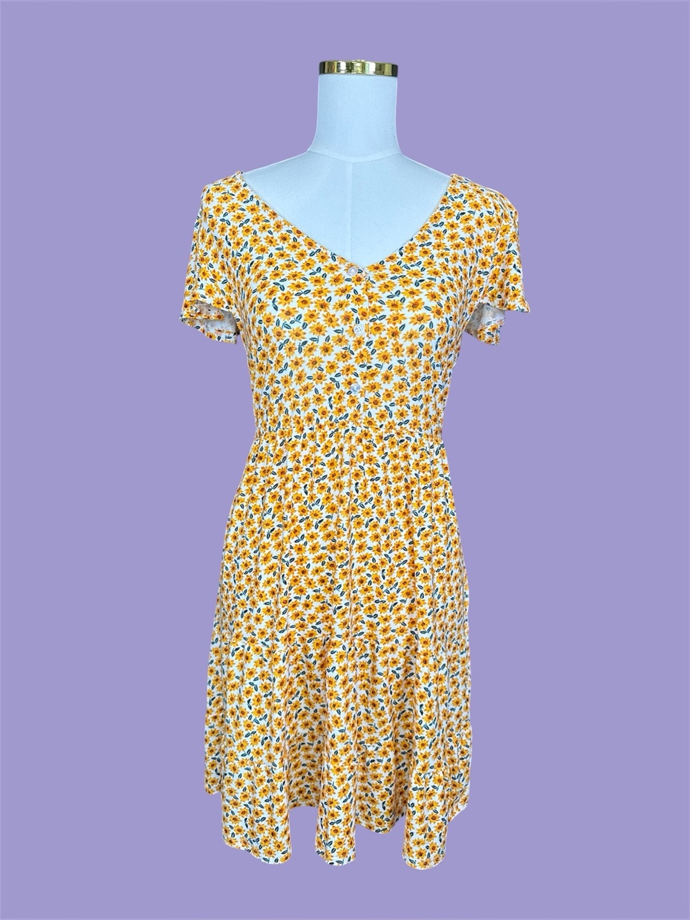 NWT 90s Inspired Sunflower Babydoll Button Front Mini Tiered Floral Grunge Dress